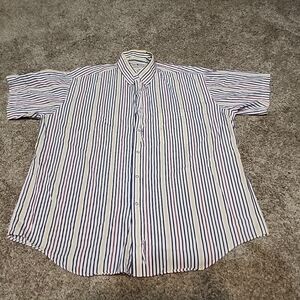 Vintage LL-Bean Stripes Button Down Short Sleeve Shirt XL Blue Yellow Green Red